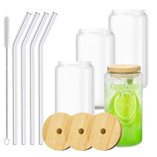 4-Pack 16 Oz Glass Cups with Bamboo Lids and Glass Straws, Can-Shaped Drinking Glasses for Whiskey, Soda, Tea, Water, Gift Set