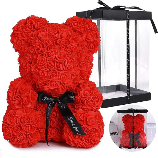 10 Inch Artificial Rose Bear Flowers Wedding Party Decoration Gift Box(Red)